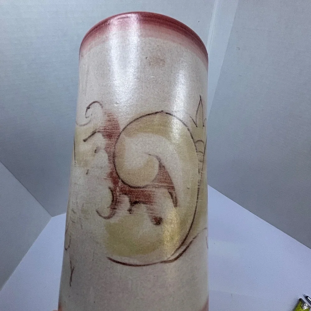 Pottery Barn Italy Ceramic Cylinder Vase Hand Painted‎ Scroll Terracotta 8.25